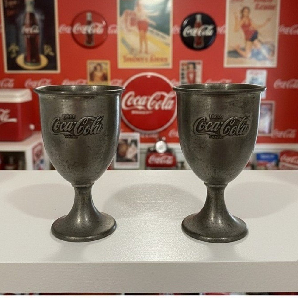 Pewter "Enjoy‎ Coca-Cola" Footed Cups, Set of 2, Vintage Goblets, Replacement